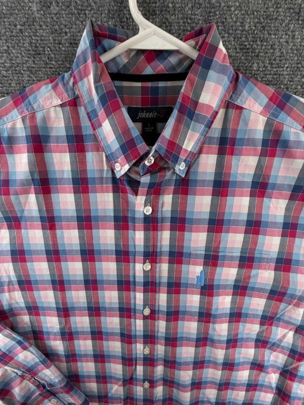 Johnnie O Colorful Button Up Shirt Large Pink Blue Check Long Sleeve Cotton Surf